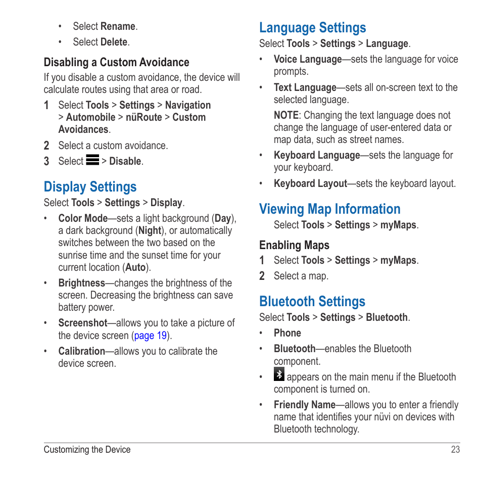 Display settings, Language settings, Viewing map information | Bluetooth settings | Garmin nuvi 2580TV User Manual | Page 27 / 36