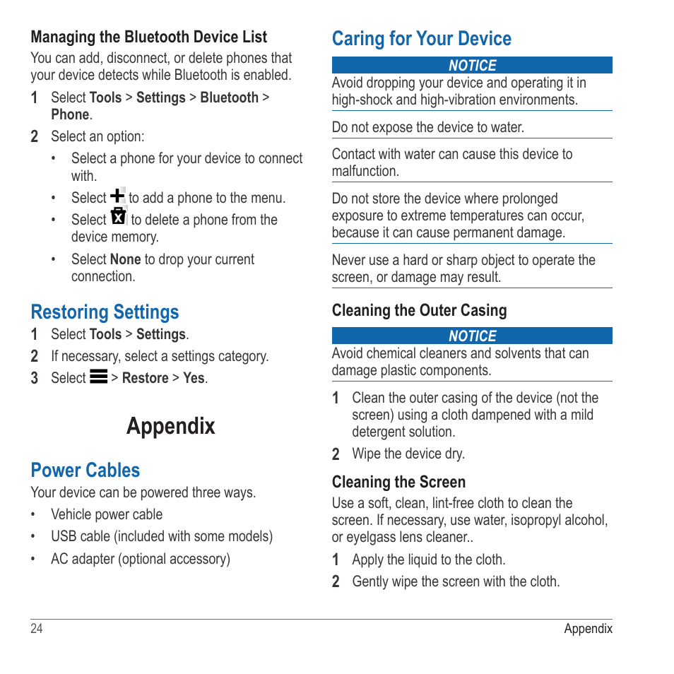 Restoring settings, Appendix, Power cables | Caring for your device | Garmin nuvi 2580TV User Manual | Page 28 / 36