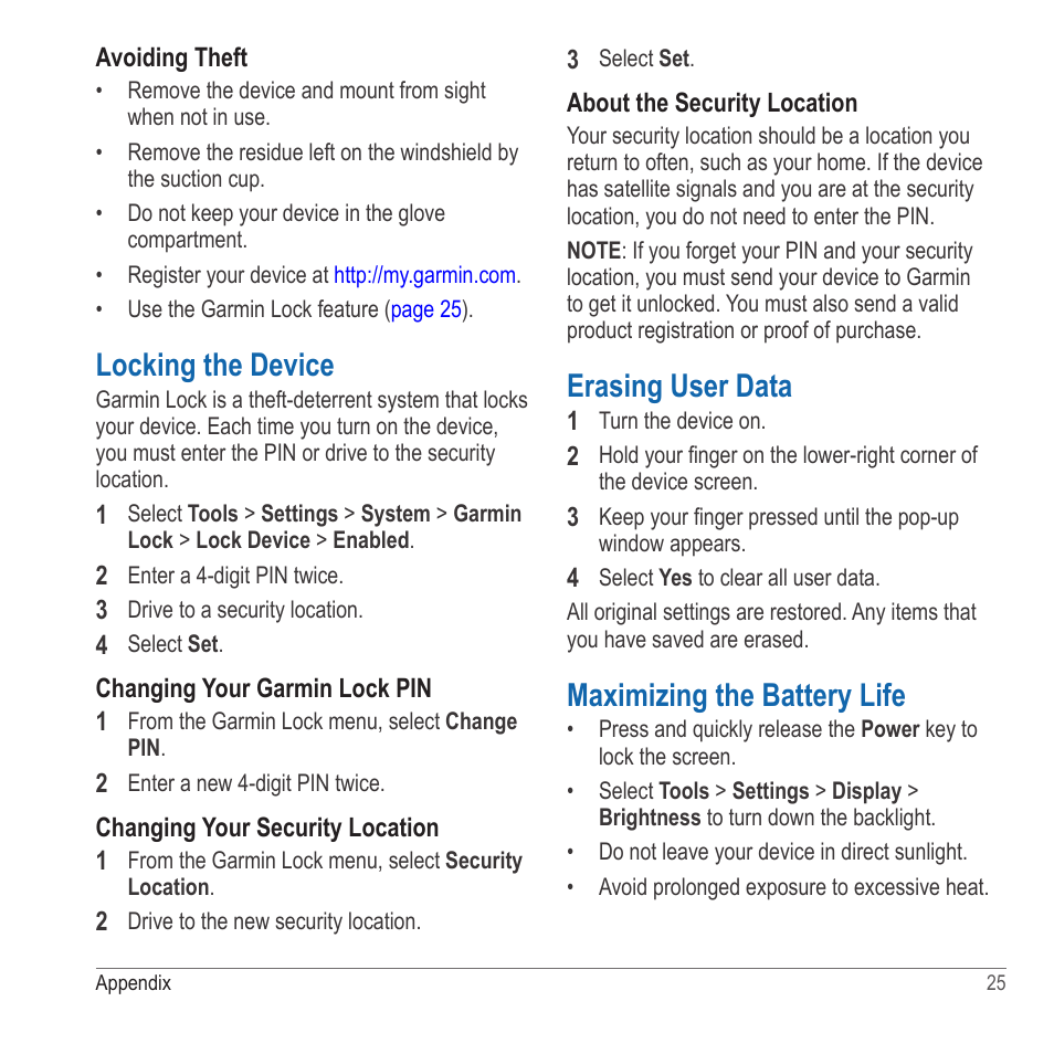 Locking the device, Erasing user data, Maximizing the battery life | Garmin nuvi 2580TV User Manual | Page 29 / 36