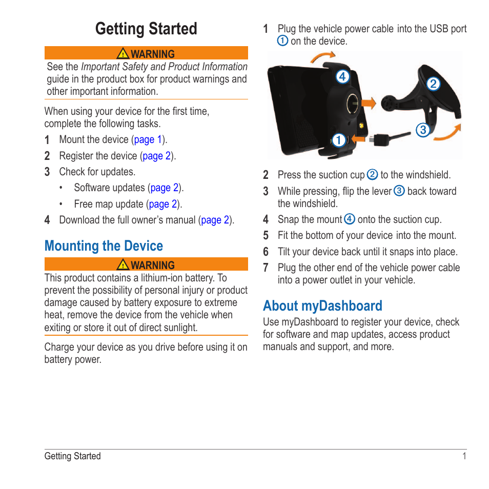 Getting started, Mounting the device, About mydashboard | Garmin nuvi 2580TV User Manual | Page 5 / 36