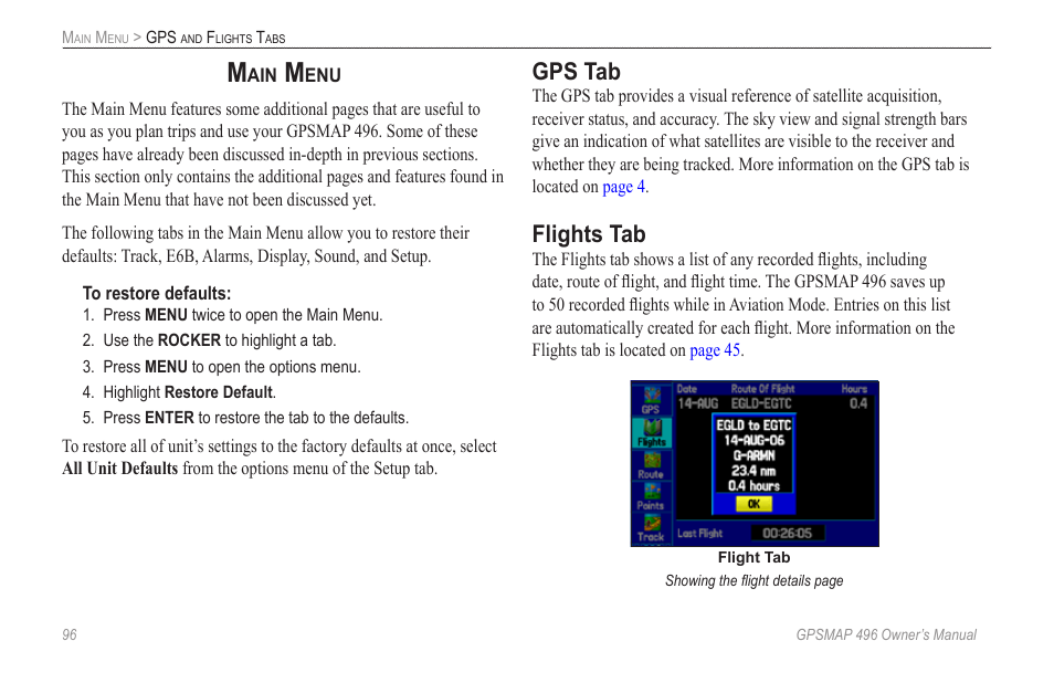 Main menu, Gps tab, Flights tab | Garmin GPSMAP 496 User Manual | Page 104 / 164