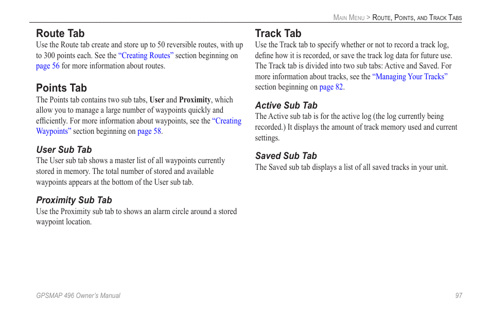 Route tab, Points tab, Track tab | Garmin GPSMAP 496 User Manual | Page 105 / 164