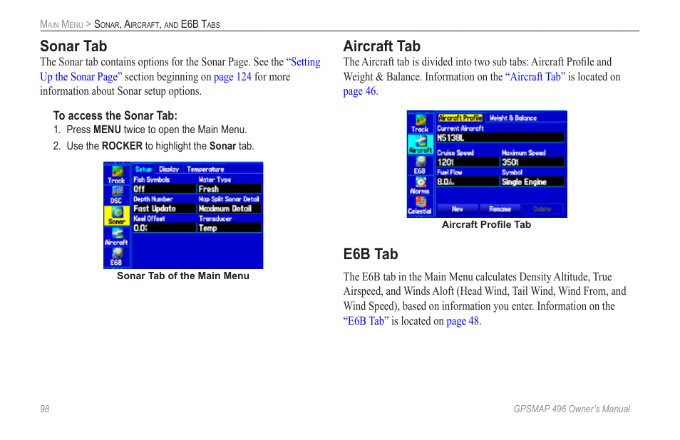 Sonar tab, Aircraft tab, E6b tab | Garmin GPSMAP 496 User Manual | Page 106 / 164