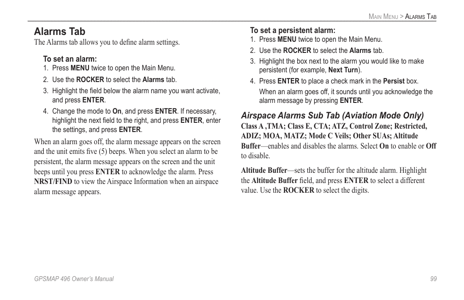 Alarms tab | Garmin GPSMAP 496 User Manual | Page 107 / 164