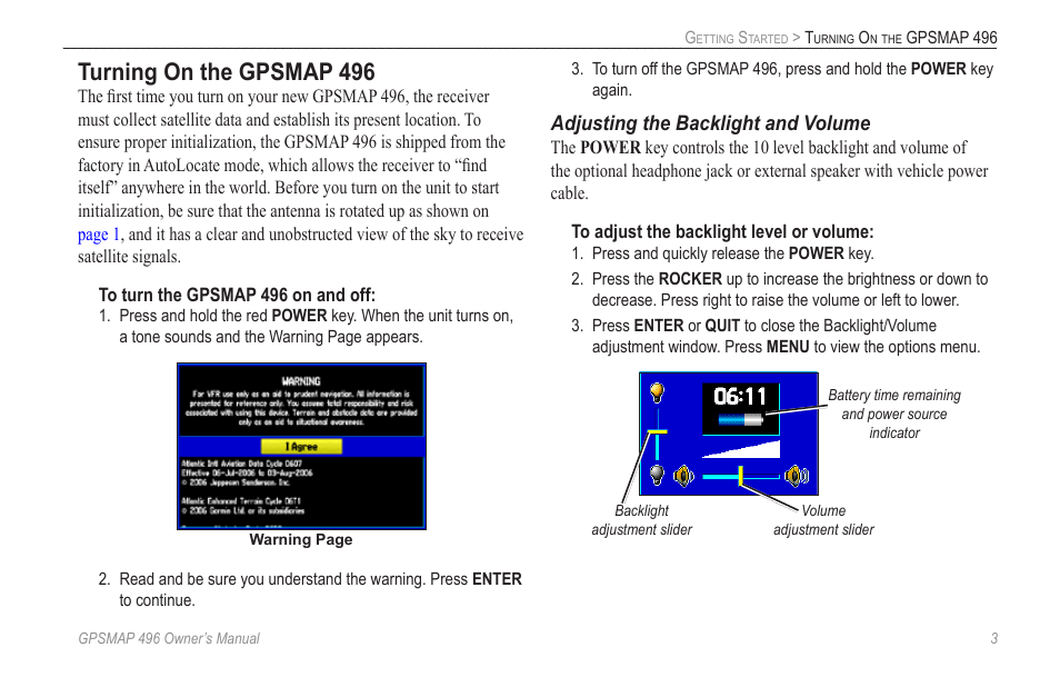 Turning on the gpsmap 496, Adjusting the backlight and volume | Garmin GPSMAP 496 User Manual | Page 11 / 164