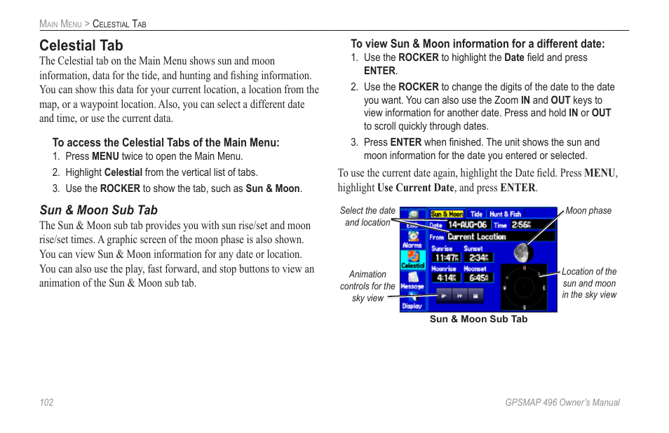 Celestial tab | Garmin GPSMAP 496 User Manual | Page 110 / 164