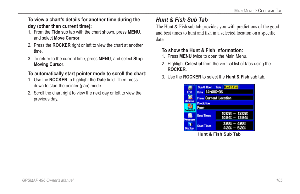 Hunt & fish sub tab | Garmin GPSMAP 496 User Manual | Page 113 / 164