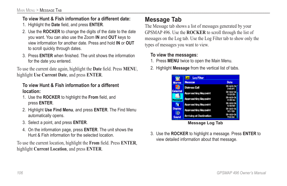 Message tab | Garmin GPSMAP 496 User Manual | Page 114 / 164