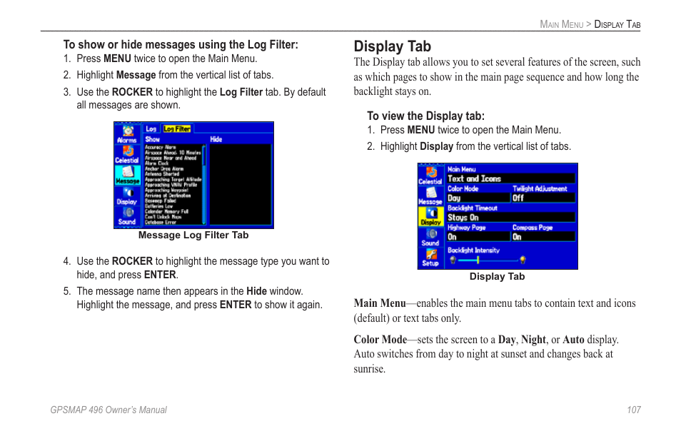 Display tab | Garmin GPSMAP 496 User Manual | Page 115 / 164