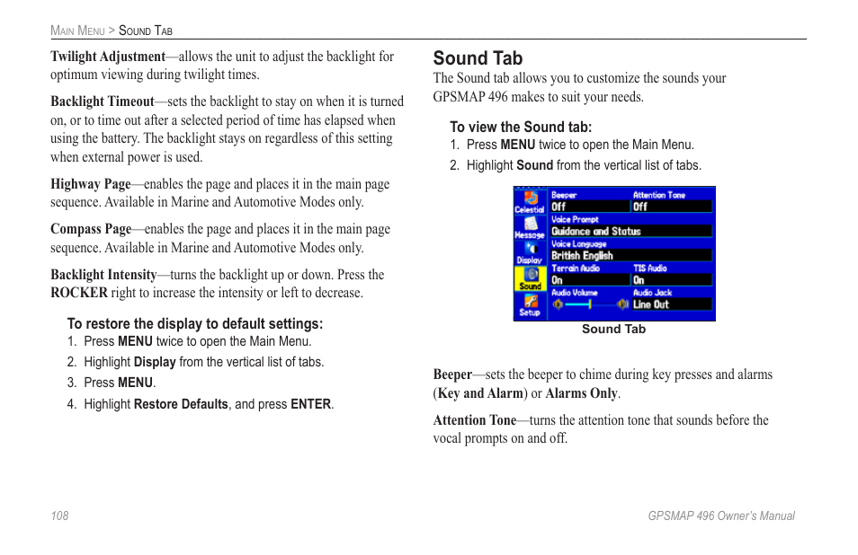 Sound tab | Garmin GPSMAP 496 User Manual | Page 116 / 164