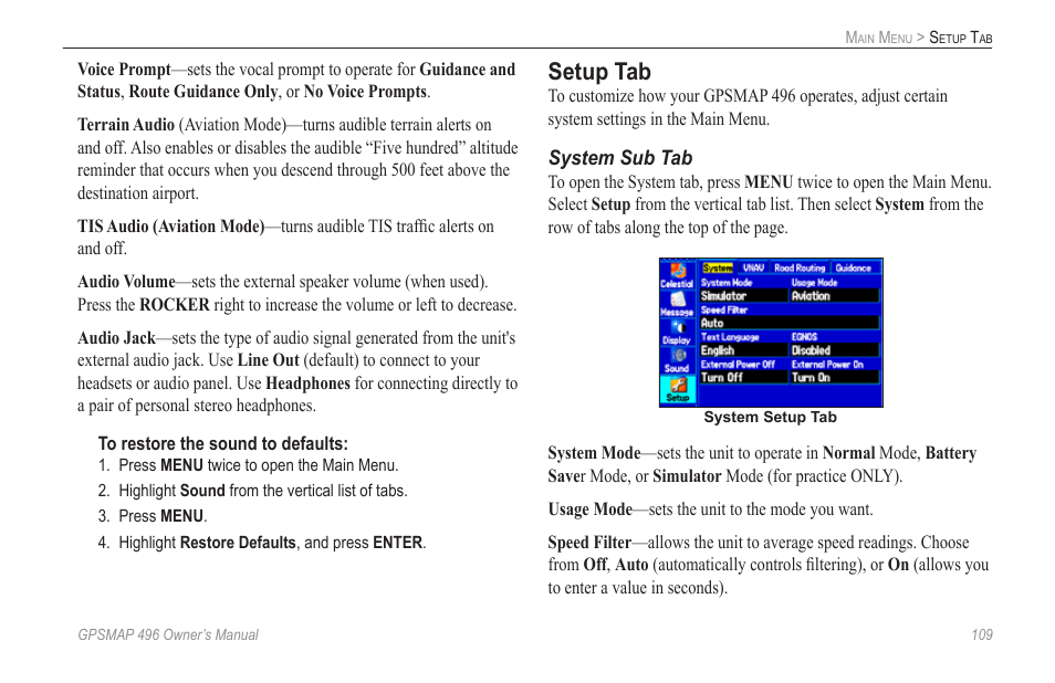 Setup tab | Garmin GPSMAP 496 User Manual | Page 117 / 164