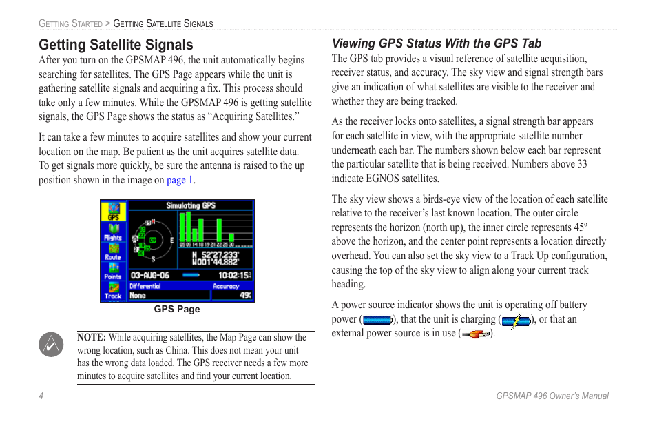 Getting satellite signals | Garmin GPSMAP 496 User Manual | Page 12 / 164