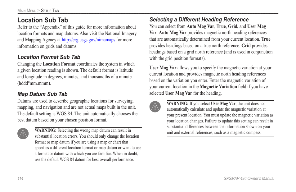 Location sub tab | Garmin GPSMAP 496 User Manual | Page 122 / 164