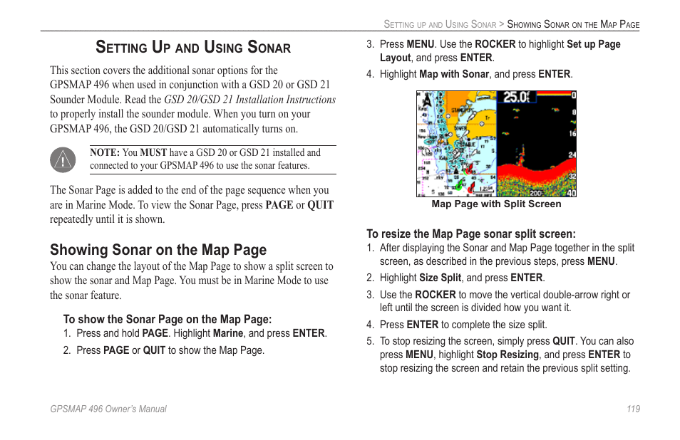 Setting up and using sonar, Showing sonar on the map page | Garmin GPSMAP 496 User Manual | Page 127 / 164