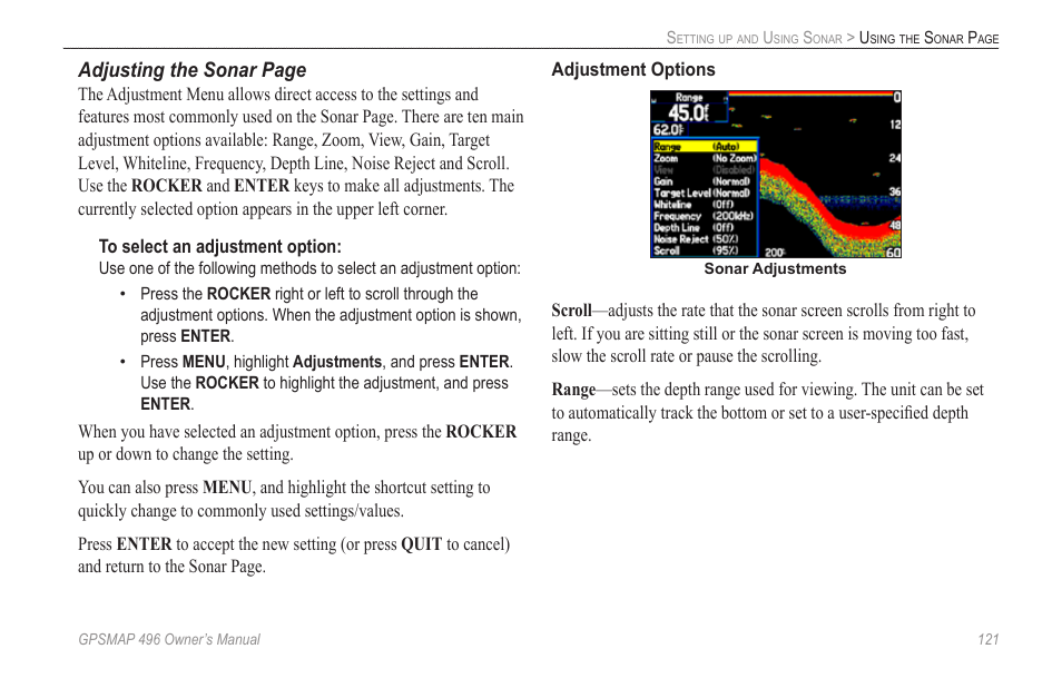 Adjusting the sonar page | Garmin GPSMAP 496 User Manual | Page 129 / 164