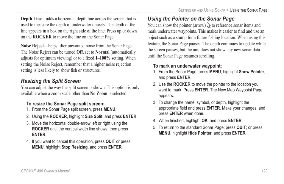 Resizing the split screen, Using the pointer on the sonar page | Garmin GPSMAP 496 User Manual | Page 131 / 164