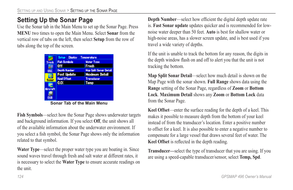 Setting, Section beginning on, Setting up the sonar page | Garmin GPSMAP 496 User Manual | Page 132 / 164