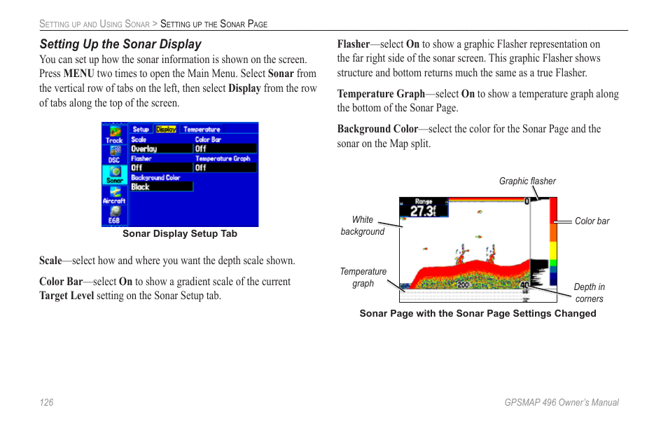 Setting up the sonar display | Garmin GPSMAP 496 User Manual | Page 134 / 164