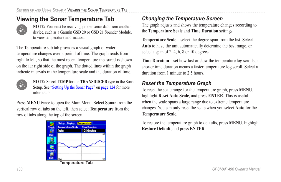 Viewing the sonar temperature tab, Changing the temperature screen, Reset the temperature graph | Garmin GPSMAP 496 User Manual | Page 138 / 164