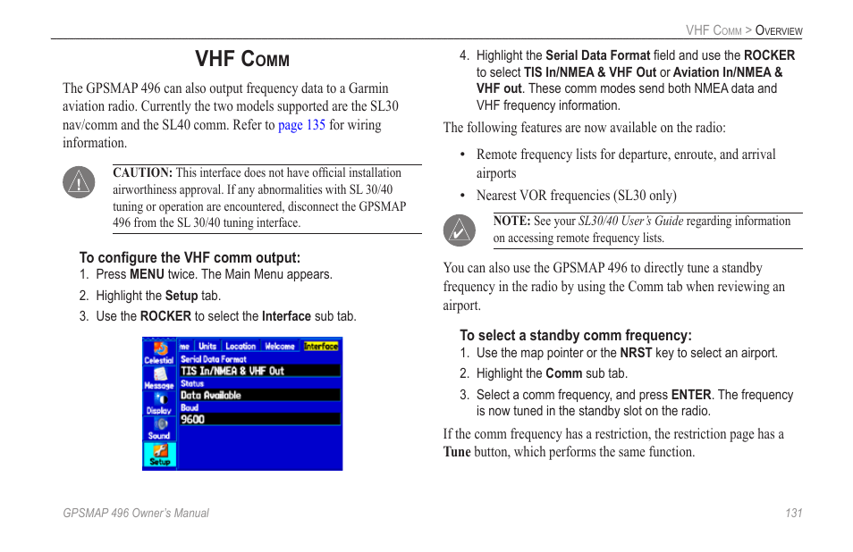 Vhf comm, Vhf c | Garmin GPSMAP 496 User Manual | Page 139 / 164