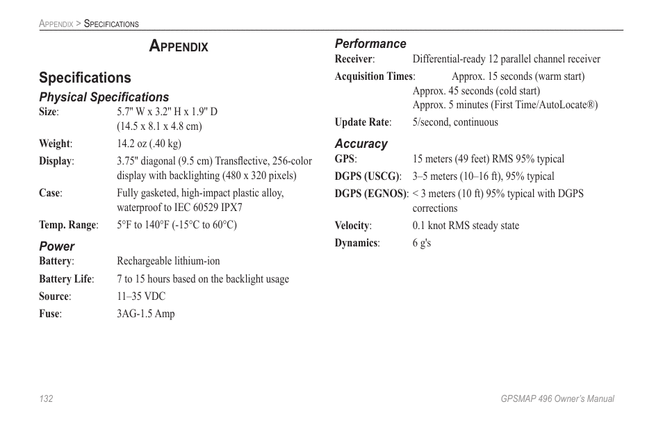 Appendix, Specifications | Garmin GPSMAP 496 User Manual | Page 140 / 164