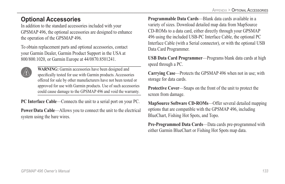 Optional accessories | Garmin GPSMAP 496 User Manual | Page 141 / 164