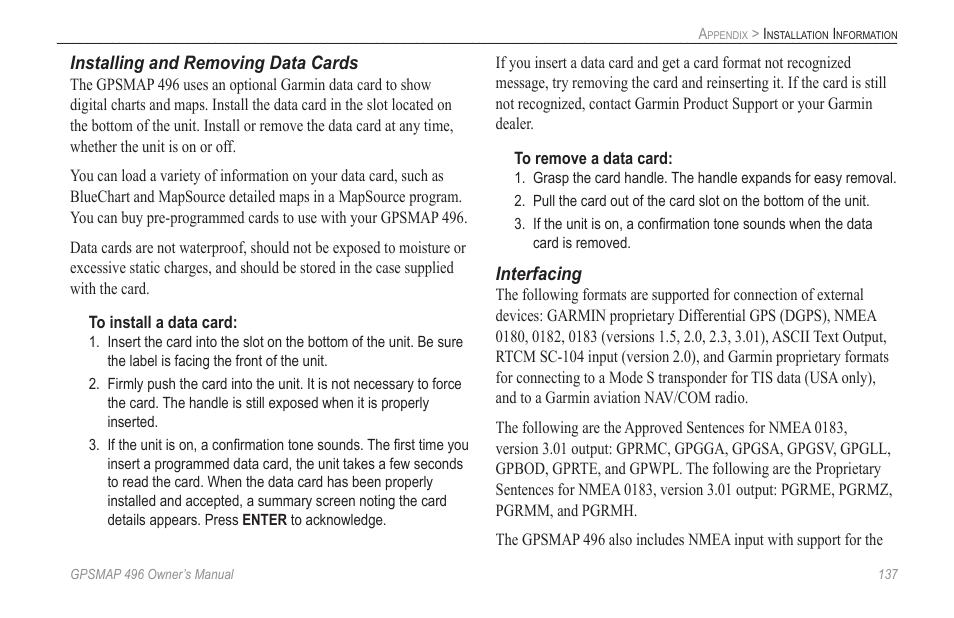 Garmin GPSMAP 496 User Manual | Page 145 / 164