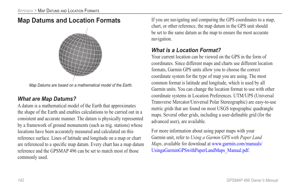 Map datums and location formats | Garmin GPSMAP 496 User Manual | Page 150 / 164