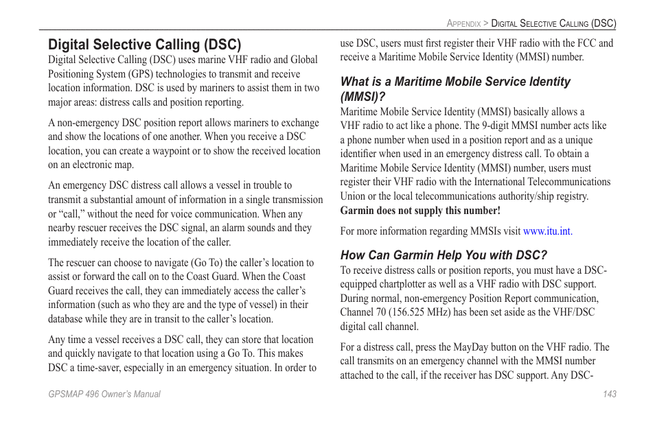 Digital selective calling (dsc), Mmsi) numbers, refer to | Garmin GPSMAP 496 User Manual | Page 151 / 164