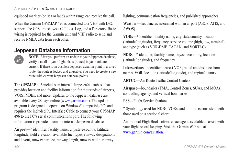 Jeppesen database information | Garmin GPSMAP 496 User Manual | Page 152 / 164