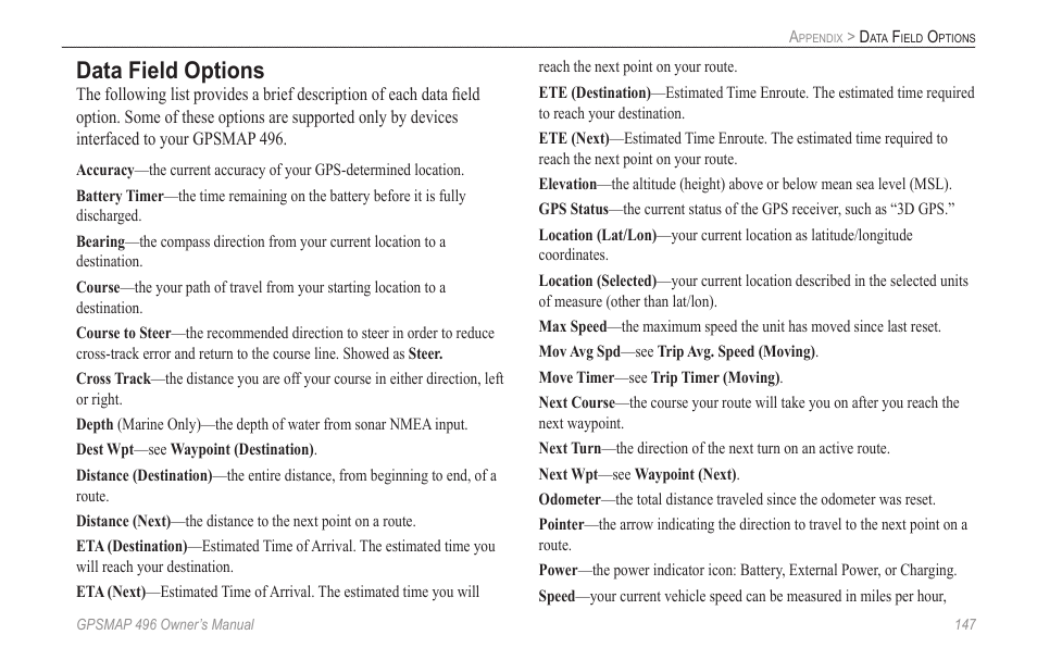 Data field options | Garmin GPSMAP 496 User Manual | Page 155 / 164