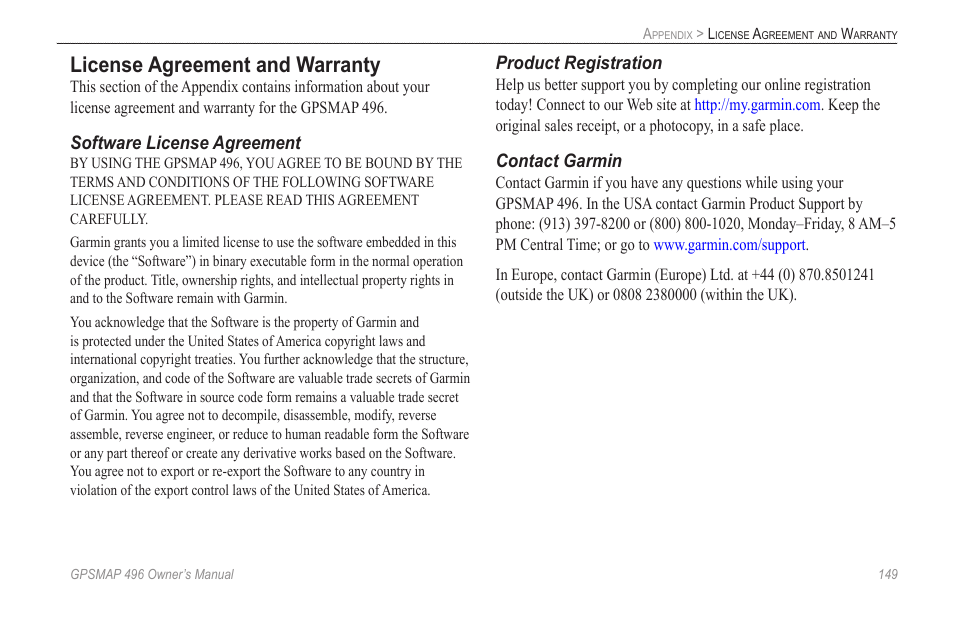 License agreement and warranty | Garmin GPSMAP 496 User Manual | Page 157 / 164