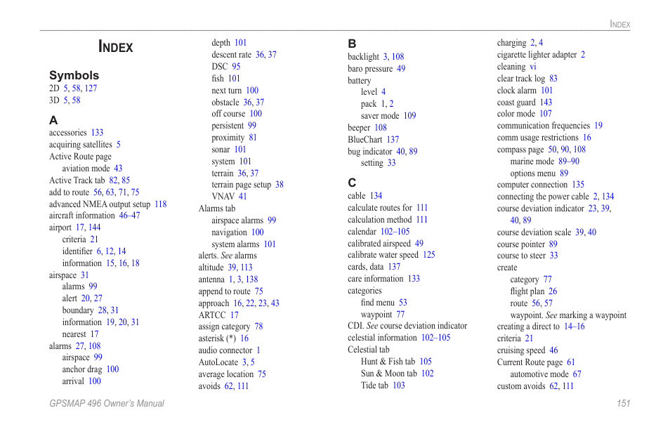 Index, Ndex | Garmin GPSMAP 496 User Manual | Page 159 / 164