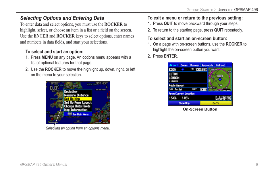 Selecting options and entering data | Garmin GPSMAP 496 User Manual | Page 17 / 164