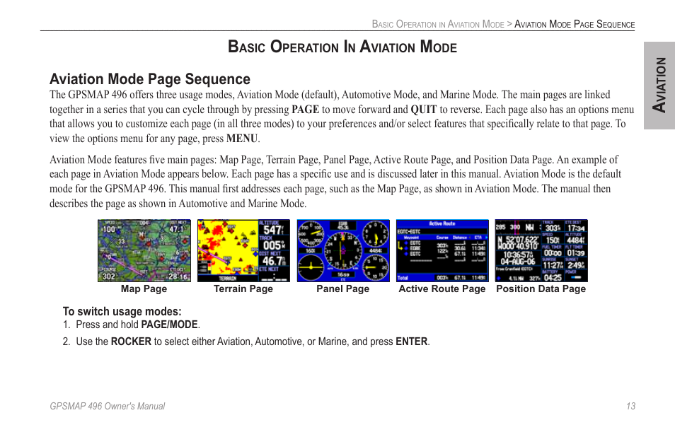 Basic operation in aviation mode, Aviation mode page sequence | Garmin GPSMAP 496 User Manual | Page 21 / 164