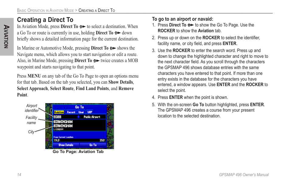 Creating a direct to | Garmin GPSMAP 496 User Manual | Page 22 / 164