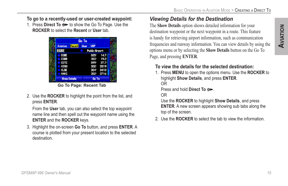 Viewing details for the destination | Garmin GPSMAP 496 User Manual | Page 23 / 164