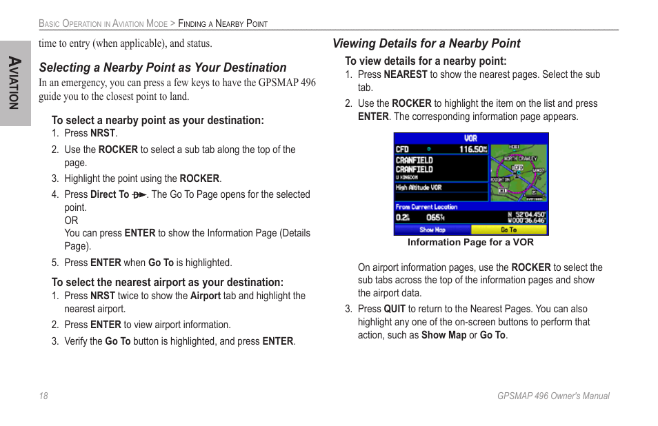 Selecting a nearby point as your destination, Viewing details for a nearby point | Garmin GPSMAP 496 User Manual | Page 26 / 164