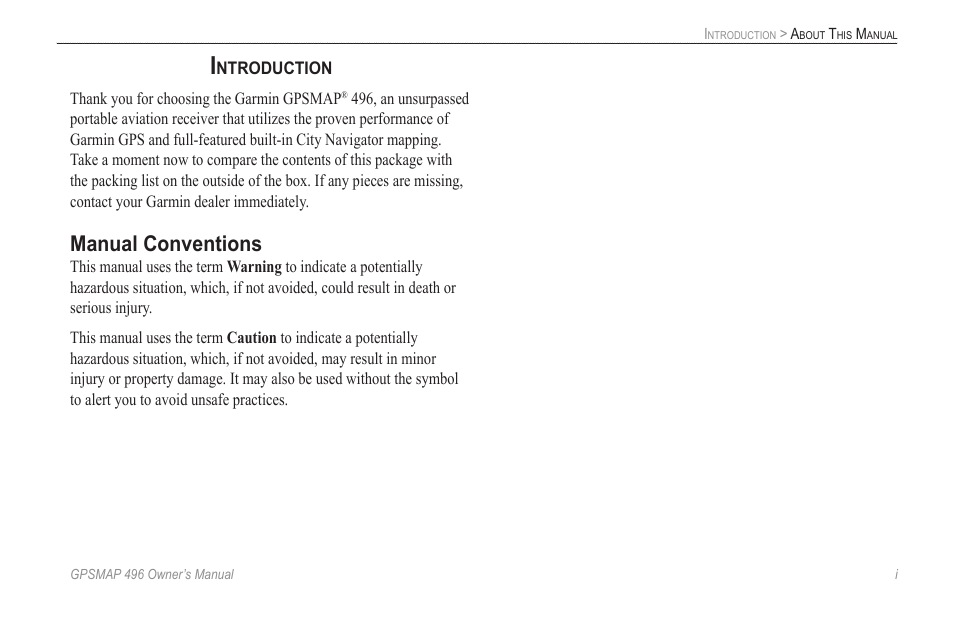 Introduction, Manual conventions | Garmin GPSMAP 496 User Manual | Page 3 / 164