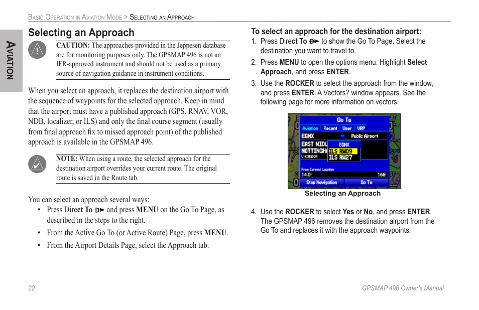 Selecting an approach | Garmin GPSMAP 496 User Manual | Page 30 / 164