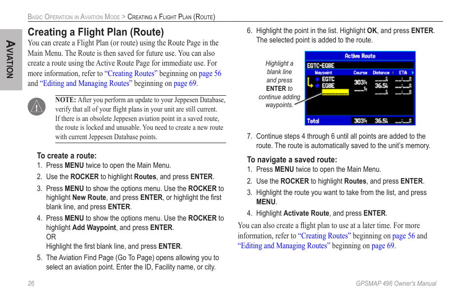 Creating a flight plan (route) | Garmin GPSMAP 496 User Manual | Page 34 / 164