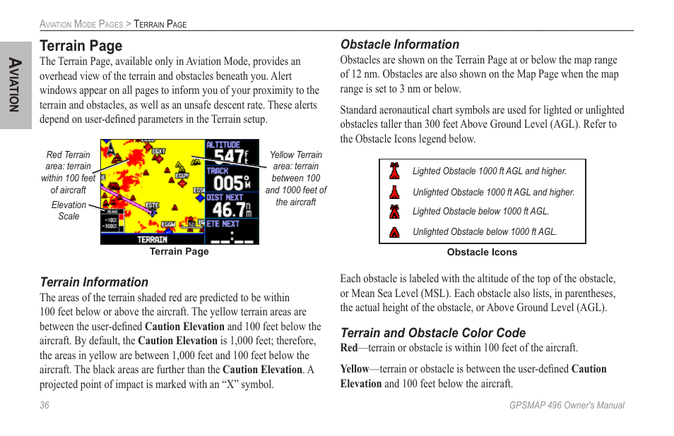 Shown in red. for complete information, see, Terrain page | Garmin GPSMAP 496 User Manual | Page 44 / 164