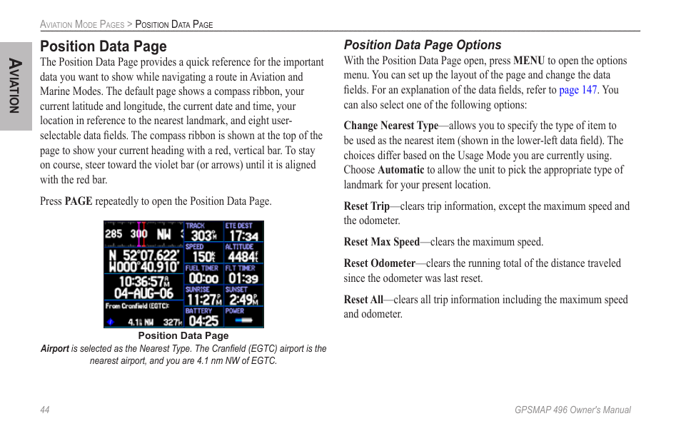 Position data page | Garmin GPSMAP 496 User Manual | Page 52 / 164