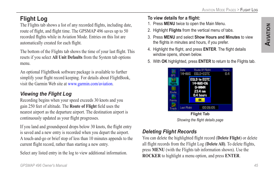 Flight log | Garmin GPSMAP 496 User Manual | Page 53 / 164