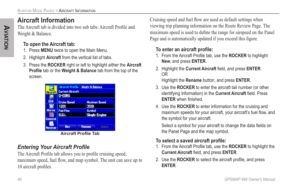 Aircraft information | Garmin GPSMAP 496 User Manual | Page 54 / 164