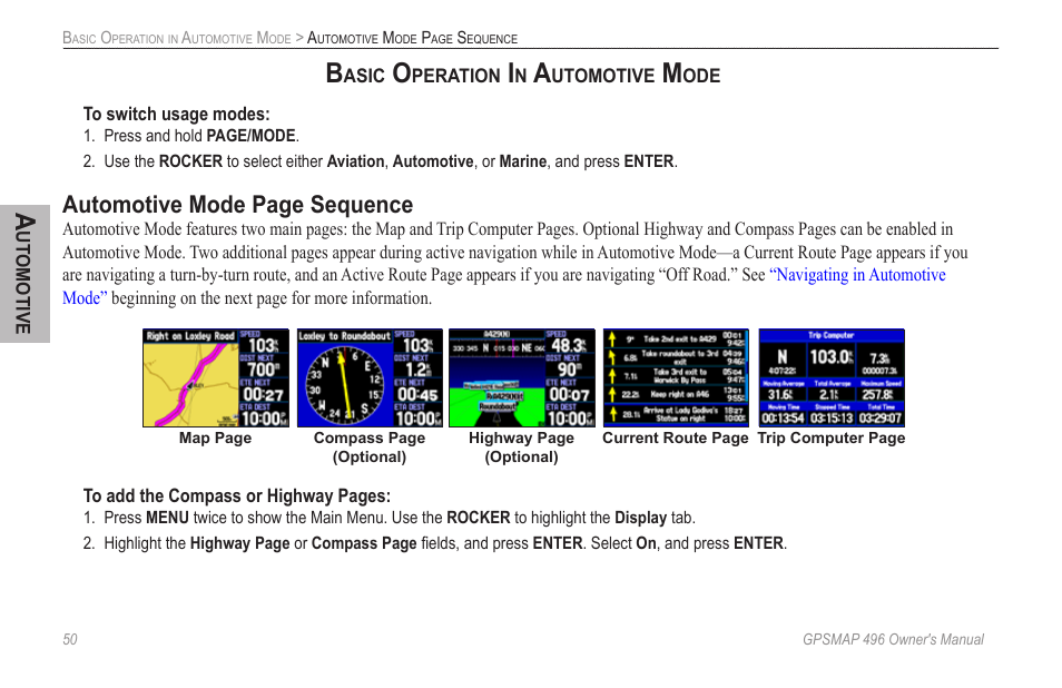 Basic operation in automotive mode, Automotive mode page sequence | Garmin GPSMAP 496 User Manual | Page 58 / 164