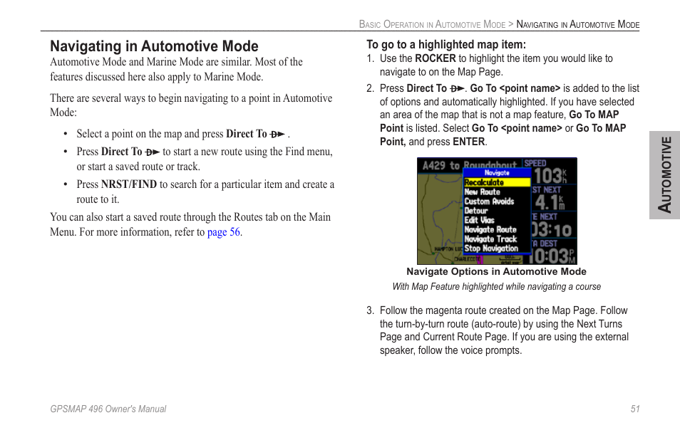 Navigating in automotive mode | Garmin GPSMAP 496 User Manual | Page 59 / 164