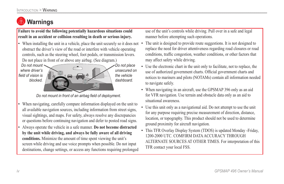 Warnings | Garmin GPSMAP 496 User Manual | Page 6 / 164