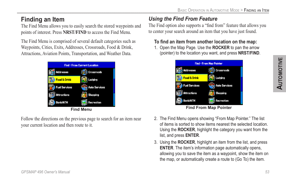 Finding an item | Garmin GPSMAP 496 User Manual | Page 61 / 164