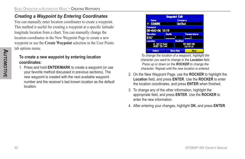 Creating a waypoint by entering coordinates | Garmin GPSMAP 496 User Manual | Page 68 / 164